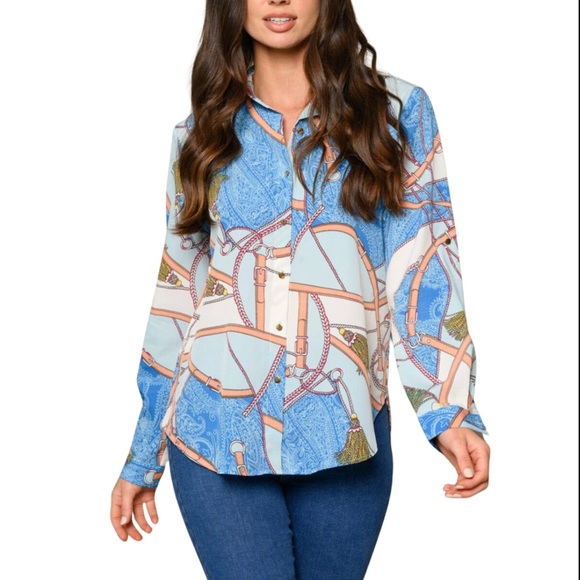 New Grifflin Paris Women’s Multi Print Long Sleeve Button-down Top - Picture 3 of 4